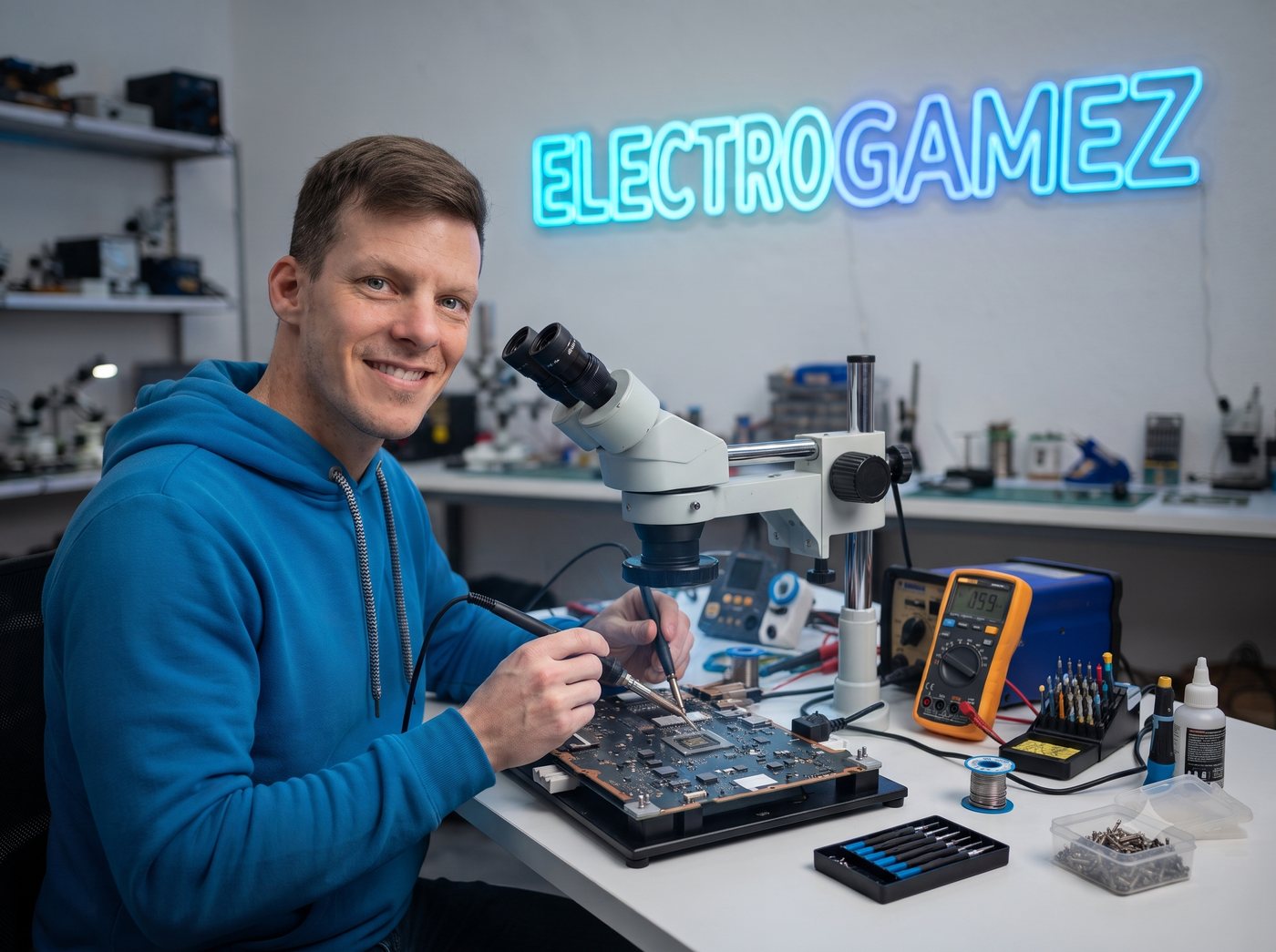 Sergio reparando una placa en el taller de ElectroGamez